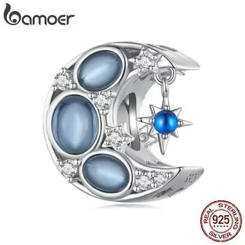 BAMOER из стерлингового серебра 925 пробы, темно-синяя луна и звезды, подвески, бусины в форме полумесяца для женщин, браслет и браслет, сделай сам, изысканные ювелирные изделия, подарок 925 silver