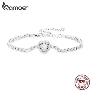 BAMOER из стерлингового серебра 925 пробы в форме сердца с цирконием, теннисный браслет, блестящая цепочка с цирконами для женщин, подарок на день Святого Валентина, ювелирные изделия 925 silver