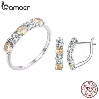 BAMOER из стерлингового серебра 925 пробы, желтый и прозрачный круглый циркон, кольцо и серьги, комплект ювелирных изделий для женщин, подарок на День святого Валентина, изысканные ювелирные изделия 6