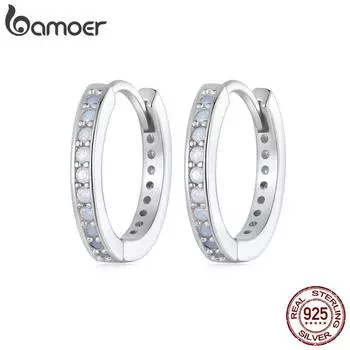 BAMOER, классические круглые серьги-кольца из стерлингового серебра 925 пробы с розовым опалом и пряжками для женщин и девочек, оригинальный дизайн, изящные ювелирные изделия 925 silver