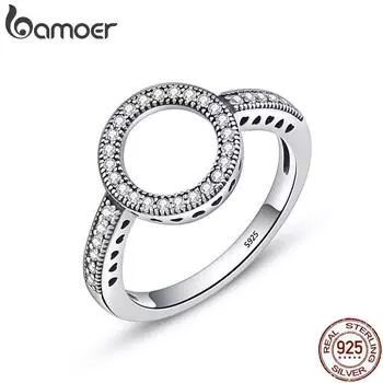 BAMOER классические простые круглые кольца из стерлингового серебра 925 пробы для женщин, блестящие циркониевые массивные кольца 6 белый