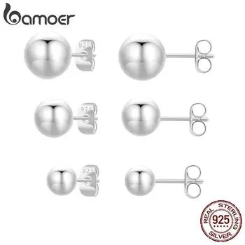 Bamoer, классические серьги-гвоздики из стерлингового серебра 925 пробы, гипоаллергенные серьги из белого золота для женщин, 3 размера, 5 мм, 8 мм, 10 мм 5mm серебряный