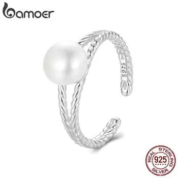 Bamoer Кольца из стерлингового серебра 925 пробы с жемчугом для женщин, регулируемые открытые кольца-крутилки для девочек-подростков, наборное кольцо с пресноводным жемчугом 2.3mm серебряный