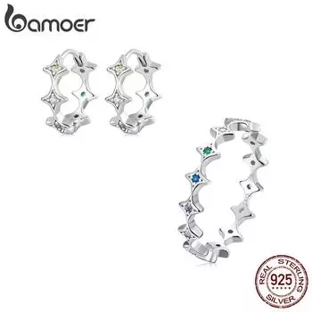 BAMOER, кольцо из стерлингового серебра 925 пробы с радужным цирконием, кольцо с блестящей звездой для женщин, размер 6, 7, 8, комплект ювелирных украшений, свадебный подарок