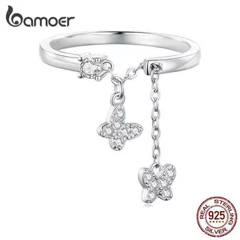 BAMOER кольцо из стерлингового серебра 925 пробы с бабочкой и цепочкой для женщин, подарок на день рождения, ювелирные изделия 925 silver