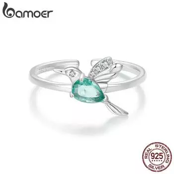 BAMOER кольцо из стерлингового серебра 925 пробы с изображением колибри с синим фианитом для женщин, ювелирные изделия, подарок, регулируемое кольцо 6-9 # BSR504-E