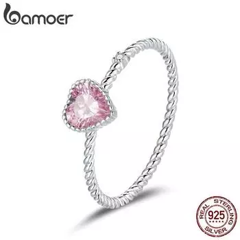 BAMOER Кольцо из стерлингового серебра 925 пробы с блестящим розовым цирконом в форме сердца любви, женское изысканное обручальное кольцо для размеров 6,7,8 6