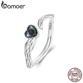 BAMOER, кольцо из стерлингового серебра 925 пробы со змеей, темно-синее регулируемое кольцо в форме сердца для женщин, вечерние ювелирные изделия, подарок