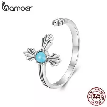 Bamoer Кольцо-крест из стерлингового серебра 925 пробы с бирюзой, регулируемые кольца для женщин, кольцо на большой палец, вдохновляющий подарок в виде ювелирного украшения 2mm серебряный
