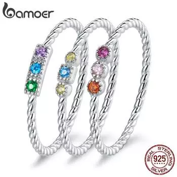 BAMOER кольцо с цветным камнем из чистого серебра 925 пробы с текстурой веревки, романтическое кольцо любви для девушки, ювелирные украшения