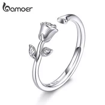 BAMOER кольцо с гравировкой из настоящего стерлингового серебра 925 пробы, кольца с регулируемым размером розы для женщин ring серебряный