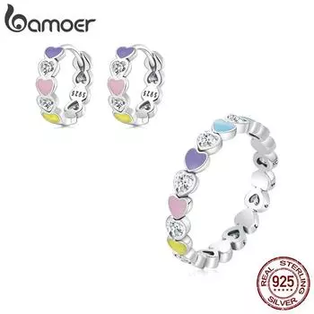 BAMOER, комплект ювелирных изделий из стерлингового серебра 925 пробы с сердцем и радужным узором любви, кольца, серьги-гвоздики, свадебные украшения 6