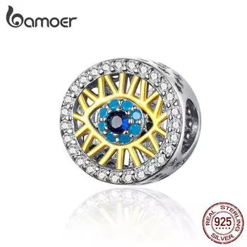 BAMOER Круглые бусины из стерлингового серебра 925 пробы Biocolor Золотой цвет Guardian Blue Eye Charm