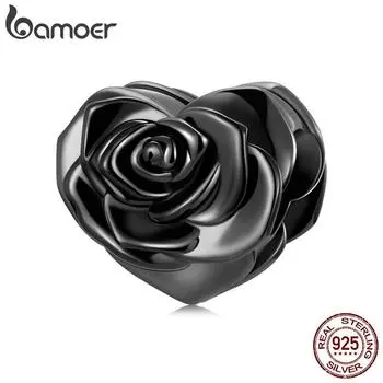 BAMOER Love Black Rose Подвески 925 пробы Серебряные бусины в форме сердца подходят для женщин Оригинальный браслет Изящные ювелирные изделия Индивидуальный подарок 925 silver
