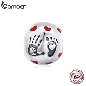 BAMOER Love in Palm для новорожденных, красная эмаль, узор в форме сердца, стерлинговое серебро 925 пробы, круглая подвеска из бисера для браслета