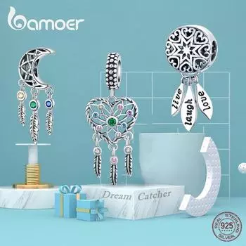BAMOER Ловец снов в богемном стиле, стерлинговое серебро 925 пробы, бусина для изготовления ювелирных изделий, подвеска с кисточкой и перьями