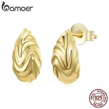 Bamoer Массивные серьги-гвоздики из цельного серебра 925 пробы с золотыми вставками для женщин, легкие открытые полые кольца в форме капли металла 1.2*0.6cm золотой