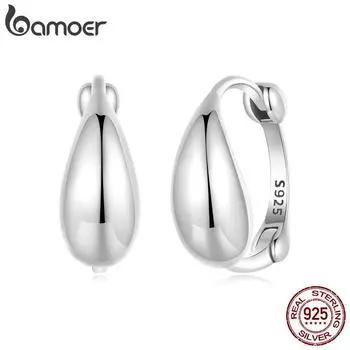 Женские серьги-кольца BAMOER Solid 925 Sterling Silver с объемными каплями воды, легкие полые модные украшения в форме капли воды 14*6mm серебряный