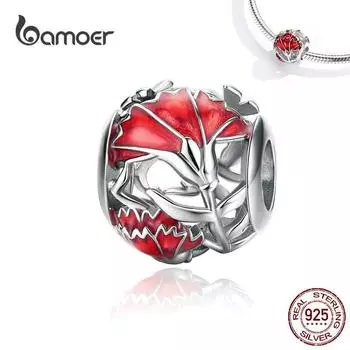 BAMOER материнский цветок гвоздика круглые бусины ажурные красные эмалированные лепестки Подвеска подходит для браслета BSC097