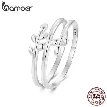 BAMOER, многослойное кольцо из стерлингового серебра 925 пробы с листьями, эффектное кольцо для женщин, кольцо с обещанием, модные украшения 6 серебряный