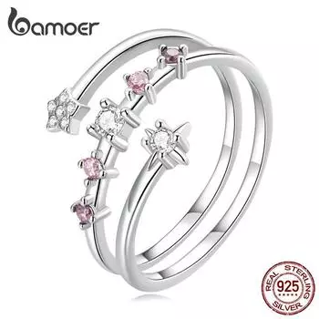 BAMOER, многослойное кольцо со звездой из стерлингового серебра 925 пробы, прозрачное и красное кольцо с цирконом для женщин, модный подарок на день рождения, ювелирные изделия 925 silver