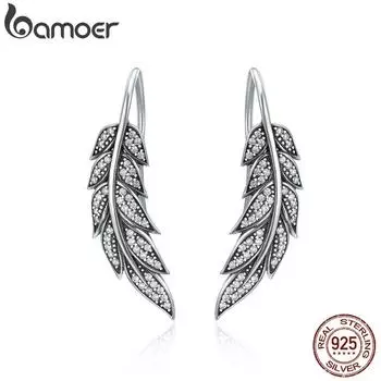 BAMOER Модные длинные серьги-капли из стерлингового серебра 925 пробы с винтажными перьями и крыльями SCE215