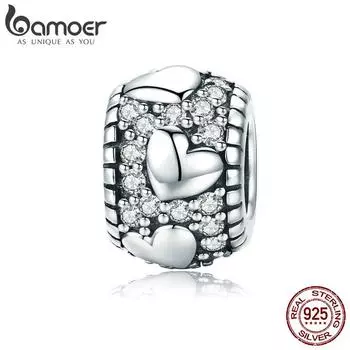 BAMOER Модные натуральное серебро 925 пробы с ослепительными фианитами в форме сердца, очаровательные бусины, подходят для женского браслета SCC798