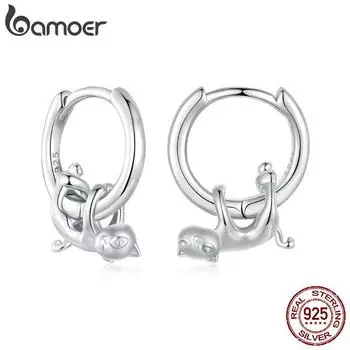 BAMOER, настоящее серебро 925 пробы, милые кошачьи уши, пряжки для домашних животных, серьги-кольца с покрытием из белого золота для женщин, вечерние ювелирные изделия SCE1756