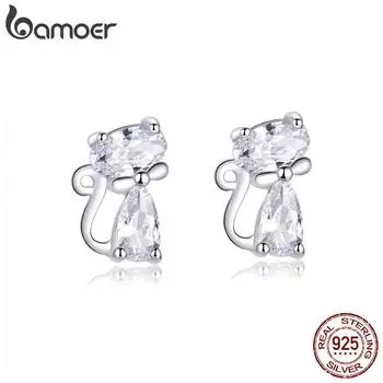 BAMOER Настоящее серебро 925 пробы, милые серьги с котенком для девочек, драгоценные украшения, женские серьги, подарок BSE206