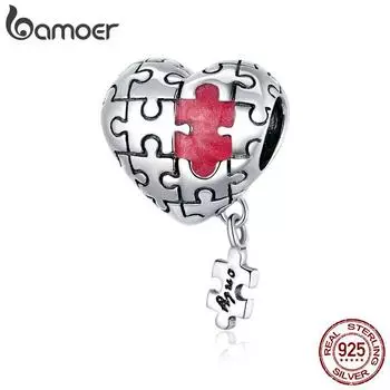 Bamoer, настоящее серебро 925 пробы, пазлы о любви, окисленное серебро, подвеска для оригинального браслета 3 мм и браслета, эмалированные металлические бусины, ювелирные изделия 925 silver