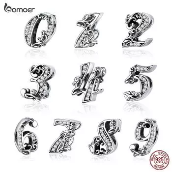 BAMOER настоящее серебро 925 пробы счастливые цифры 0-9 бусины с цирконами рельефные подвески подходят для оригинального браслета 0