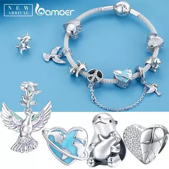 BAMOER Настоящее серебро 925 пробы, серия Guard the Earth, шарм, голубь мира, полярные медведи, подвеска из бисера в виде дельфина, для оригинального браслета, ювелирных украшений