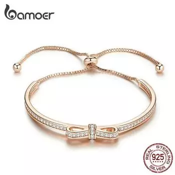 Bamoer Настоящее серебро 925 пробы сладкий браслет с бантом для женщин розовое золото Свадебные браслеты для влюбленных Rose gold plated