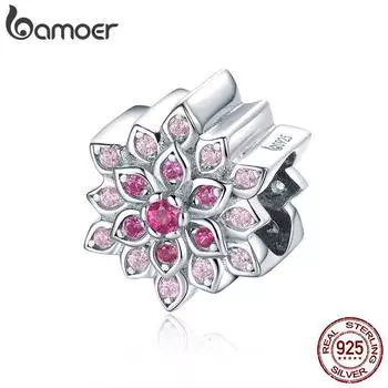 BAMOER, настоящее серебро 925 пробы, светящиеся красные бусины с цветком лотоса, подвески, подходят для оригинальных браслетов