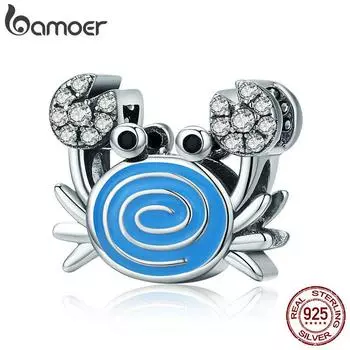 BAMOER Настоящее серебро 925 пробы Забавный краб Прозрачный CZ синяя эмаль Шарм-бусины подходят для женщин Браслеты