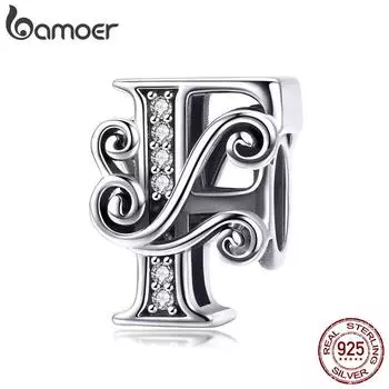 BAMOER Натуральная стерлингового серебра 925 пробы Буква F Алфавитные бусины Подвески подходят для браслетов и браслетов DIY