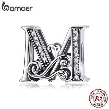 BAMOER Натуральная стерлингового серебра 925 пробы Буква M Алфавитные бусины Подвески подходят для браслетов и браслетов DIY