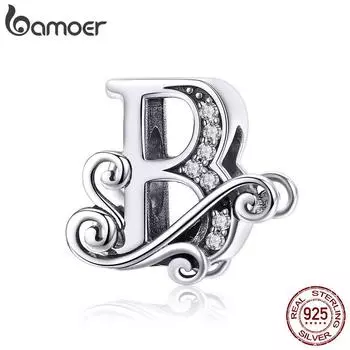 BAMOER Натуральное серебро 925 пробы Буква B Алфавитные бусины Подвески подходят для браслетов и браслетов DIY B