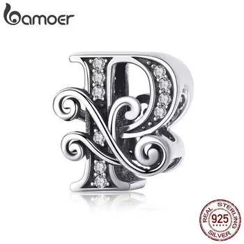 BAMOER Натуральное серебро 925 пробы Буква P Алфавитные бусины Подвески подходят для браслетов и браслетов DIY