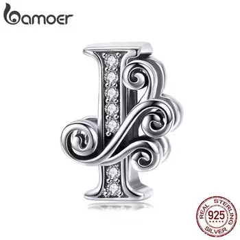 BAMOER Натуральное серебро 925 пробы Буква I Алфавитные бусины Подвески подходят для браслетов и браслетов DIY I