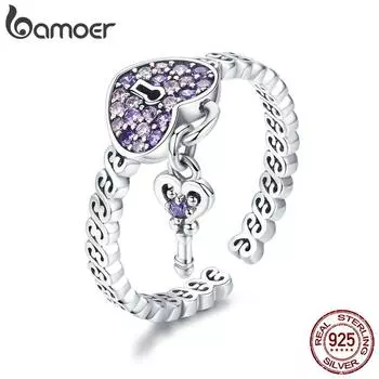 BAMOER Натуральное серебро 925 пробы Love Heart Key Фиолетовый CZ кольца на палец SCR486
