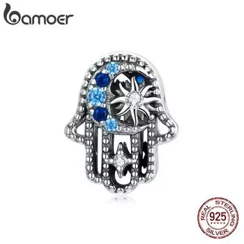 BAMOER Натуральное серебро 925 пробы Lucky Hand Blue CZ Star Moon Подвеска для оригинального браслета DIY ювелирные изделия 925 silver