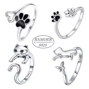 BAMOER, натуральное серебро 925 пробы, милые кольца на палец с изображением озорного кота, регулируемое кольцо в виде кошачьей лапы для женщин A