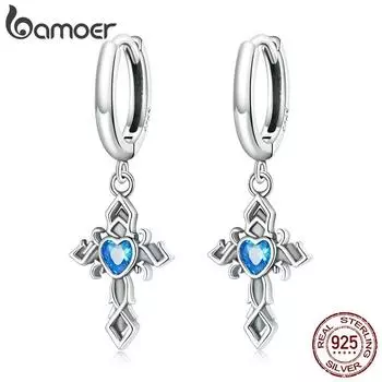 BAMOER, натуральное серебро 925 пробы, синий камень в форме сердца, винтажный кулон с крестом, женские пряжки для ушей, ювелирные изделия, вечерние, свадебный подарок 925 silver