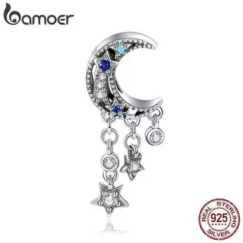 BAMOER, натуральное серебро 925 пробы, сверкающая луна, кисточка, звезда, подвеска-подвеска, подходит для оригинальных браслетов