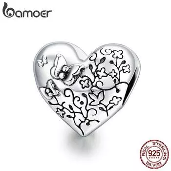 Bamoer, натуральное серебро 925 пробы, в форме сердца, виноградная лоза и бабочка, оригинальный оксидированный серебряный шарм для брендовых ювелирных изделий DIY