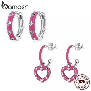 BAMOER, новинка, стерлинговое серебро 925 пробы, розовые пряжки для ушей для женщин, подвеска в виде сердца, серьги-капли, комплект ювелирных украшений, подарок на день Святого Валентина 925 silver