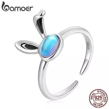 BAMOER Новое кольцо из стерлингового серебра 925 пробы с лунным камнем и кроликом для женщин, милое кольцо с кроличьими ушками, комплект ювелирных изделий, подарок дружбы 925 silver