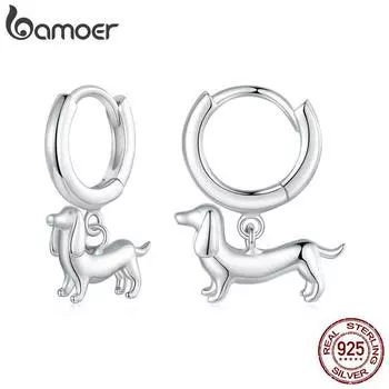 BAMOER Новое поступление 2024 года, серьги-подвески из стерлингового серебра 925 пробы, покрытые белым золотом, милые висячие гипоаллергенные серьги-кольца с таксой SCE1757