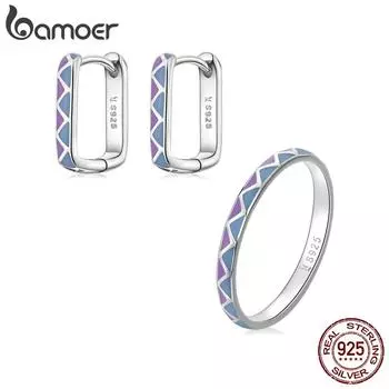 BAMOER Новое поступление, простое фиолетовое кольцо из стерлингового серебра 925 пробы, контрастного цвета, размер 6, 7, 8 для женщин, квадратные пряжки для ушей, ювелирные украшения 6